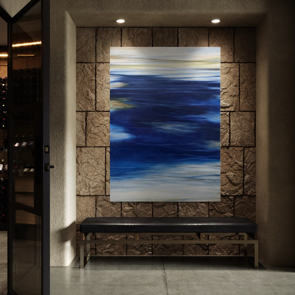 A photo of the artwork Waves #111, by Bob Melzmuf, hanging on a wall.