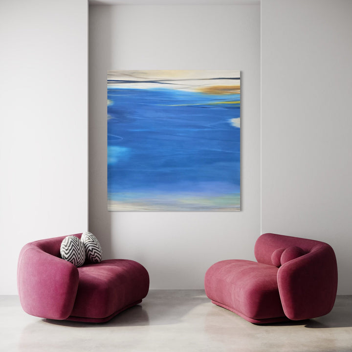 The artwork, Waves #120, by Bob Melzmuf, displayed in a room.