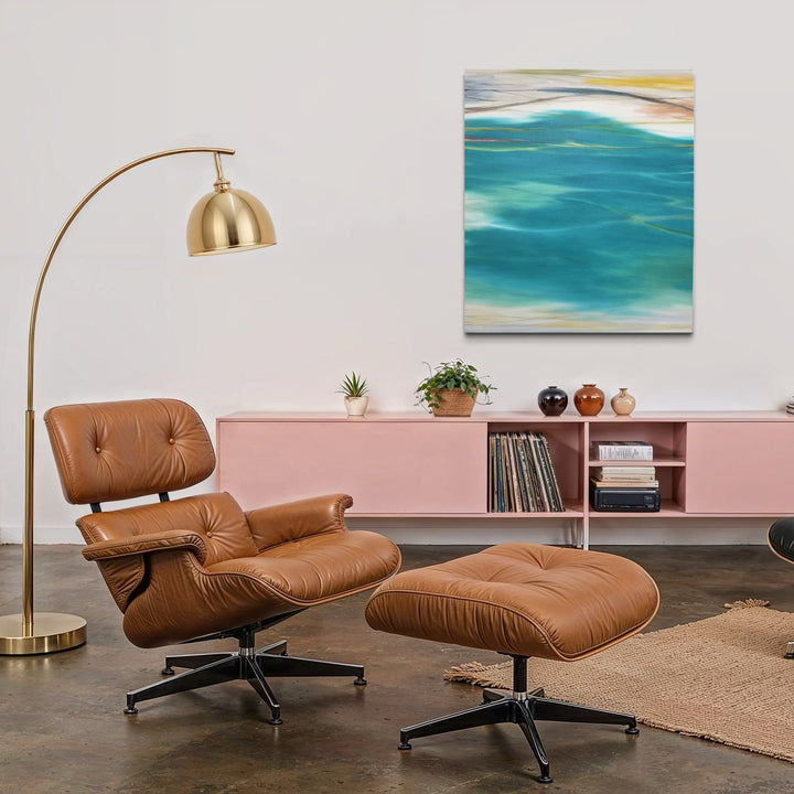 The artwork, Waves #128, by Bob Melzmuf, displayed in a room.
