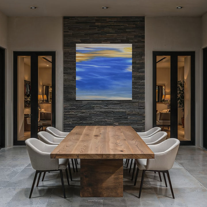 The artwork, Waves #129, by Bob Melzmuf, displayed in a room.