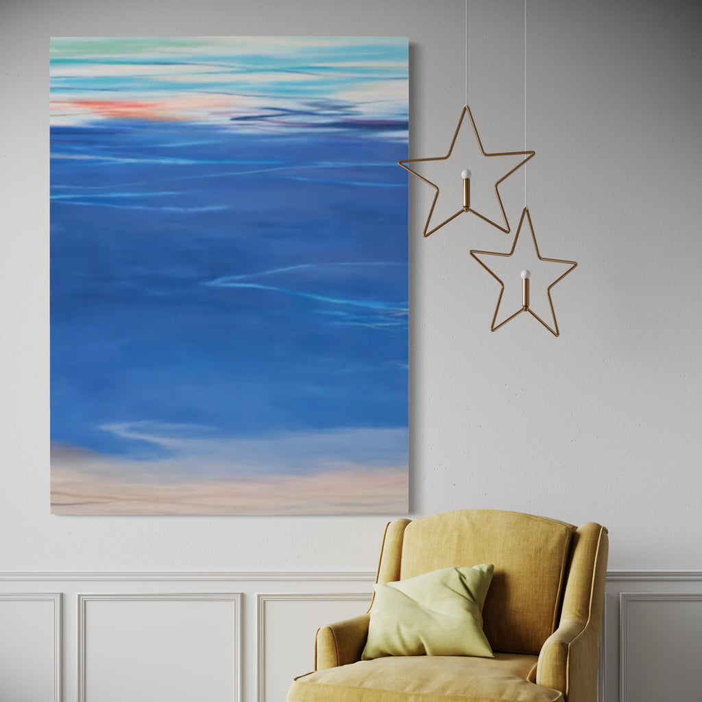 The artwork 'Waves #97' by Bob Melzmuf features a serene seascape with layered blues and subtle coral hues. The oil painting captures tranquil ocean waves with smooth horizontal brushstrokes, transitioning from deep marine blue to lighter aqua tones, with a soft beige shoreline and delicate sunset hints at the horizon, rendered on a 72x54 inch canvas.