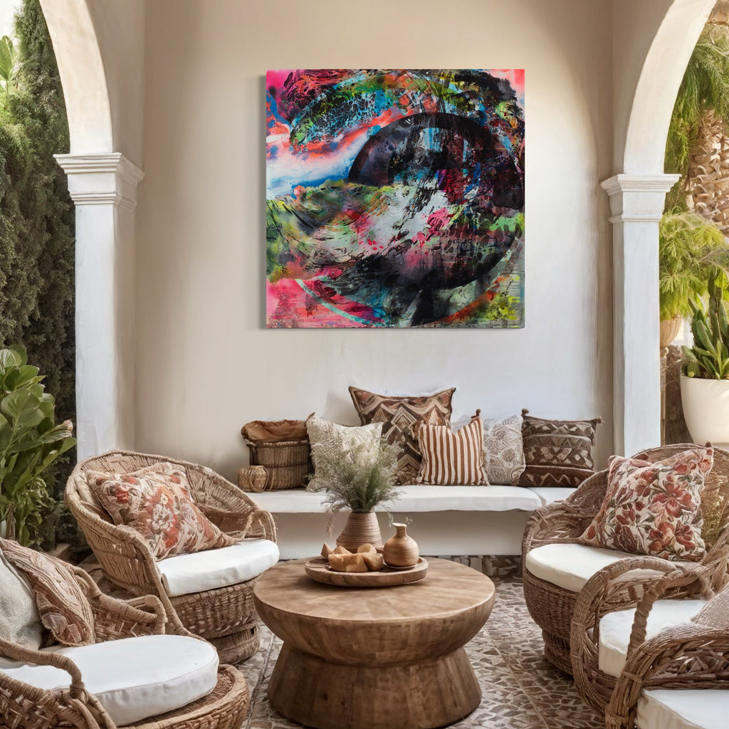 A photo of the artwork We Are Here Now, by Millie Benson, hanging on a wall.
