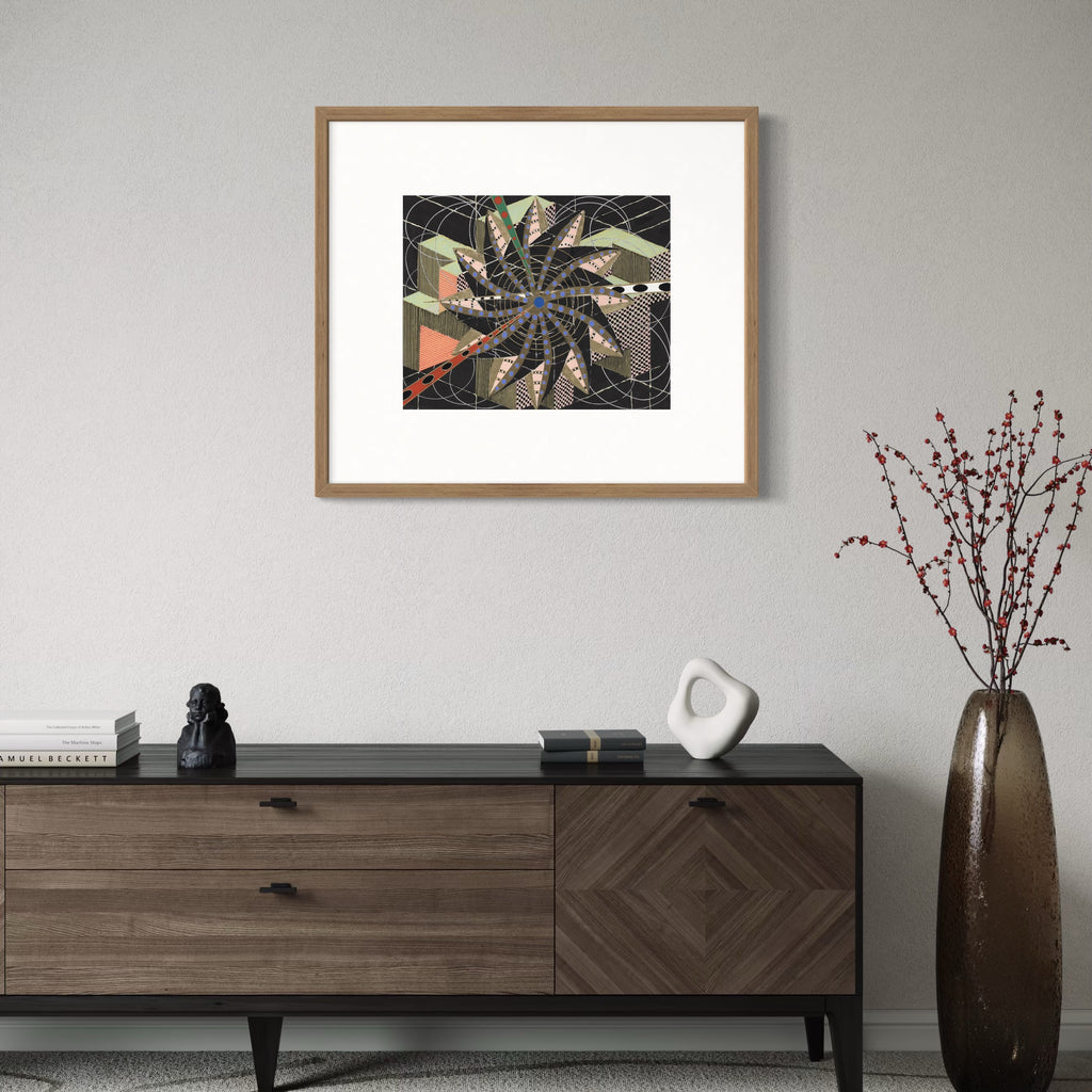 The artwork Weather Forecaster by Amy Cheng features a dynamic composition of geometric shapes and curved lines radiating from a central point, rendered in gouache and oil marker on paper. The piece uses a muted palette of earthy greens, oranges, and blacks, evoking styles reminiscent of Bridget Riley's optical art and the abstract geometry of Kazimir Malevich.