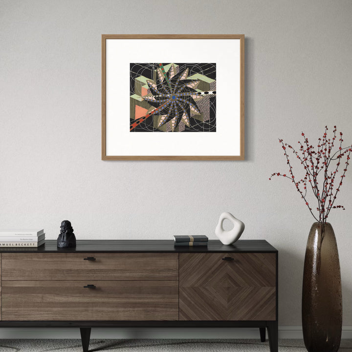 The artwork Weather Forecaster by Amy Cheng features a dynamic composition of geometric shapes and curved lines radiating from a central point, rendered in gouache and oil marker on paper. The piece uses a muted palette of earthy greens, oranges, and blacks, evoking styles reminiscent of Bridget Riley's optical art and the abstract geometry of Kazimir Malevich.