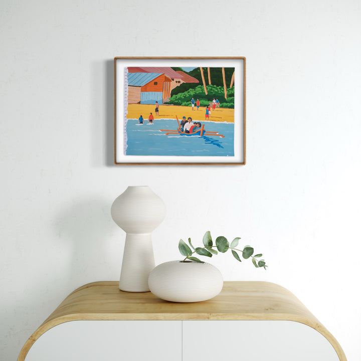 Welcome Home by Alimo portrays a lively coastal scene with figures rowing a boat near vibrant homes and lush greenery, rendered in bright, stylized art that infuses any space with coastal charm and a sense of joyful community.
