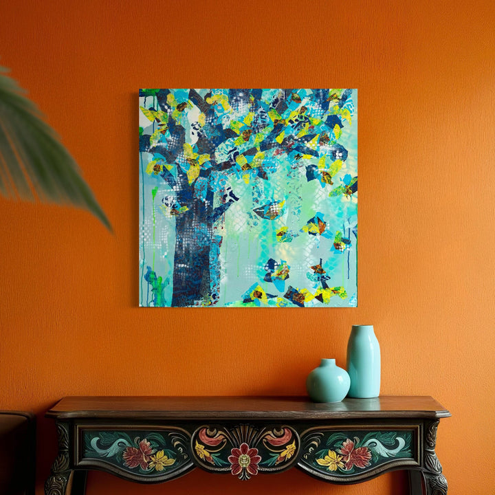 The artwork, Where Are You , by Rebecca Darlington, displayed in a room.