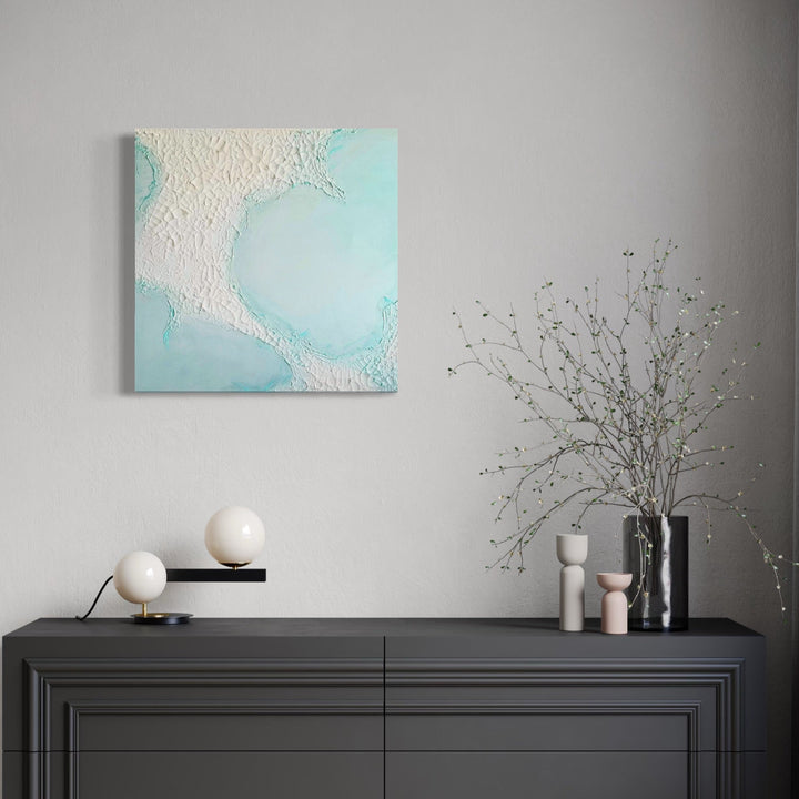 The artwork, Where White Sands Drift, by Anne Cherubim, displayed in a room.