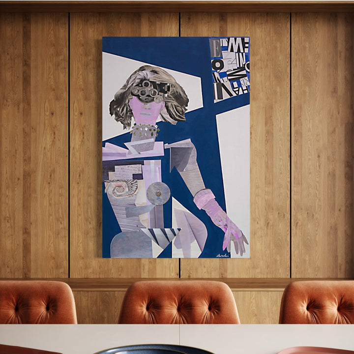 The artwork, Whiskey a Go-go, by Mona Dworkin, displayed in a room.