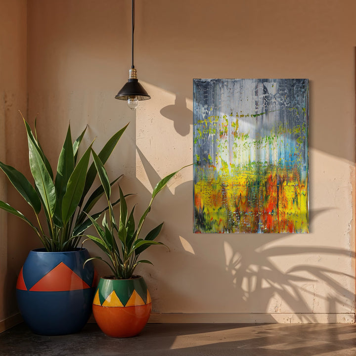 The artwork, White and colors, by Harry Moody, displayed in a room.