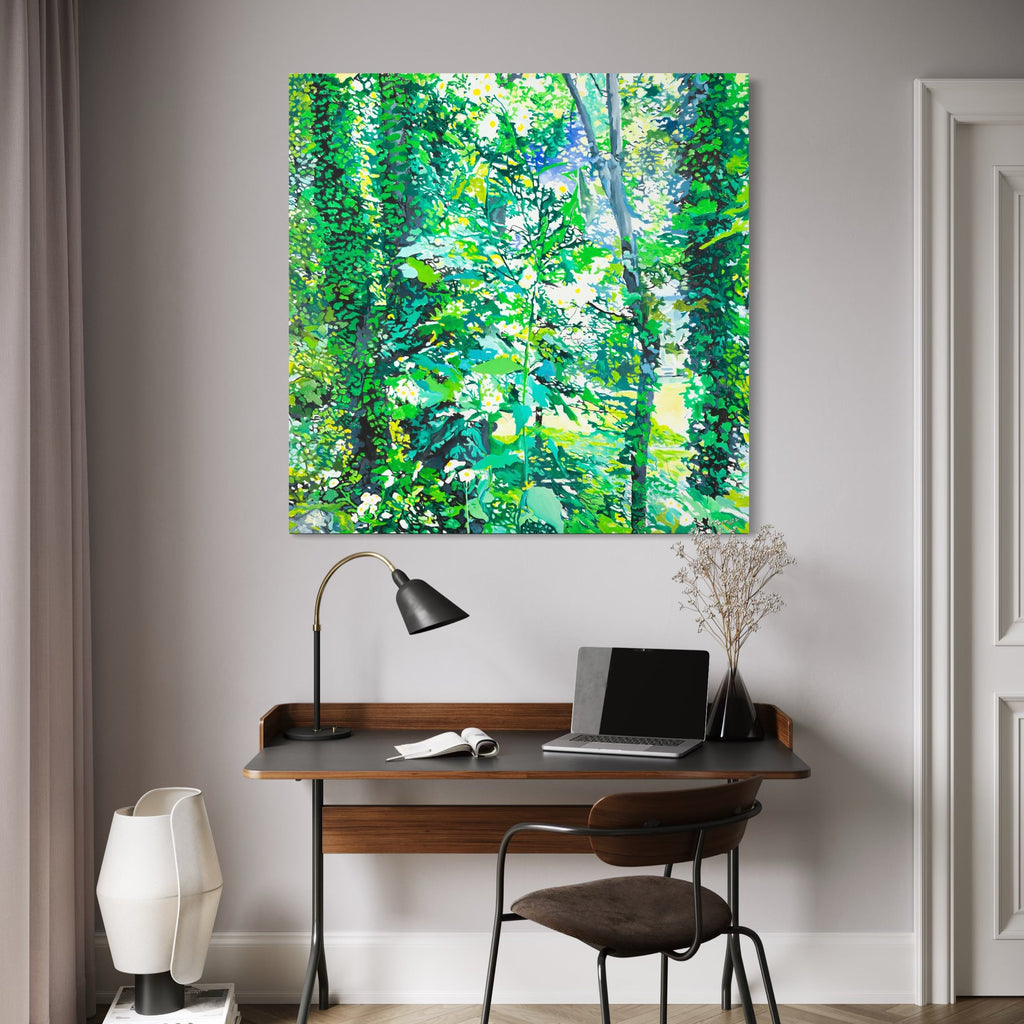 The artwork, Wild Daisies, Yellow Blue Light, by Lisa Warren, displayed in a room.