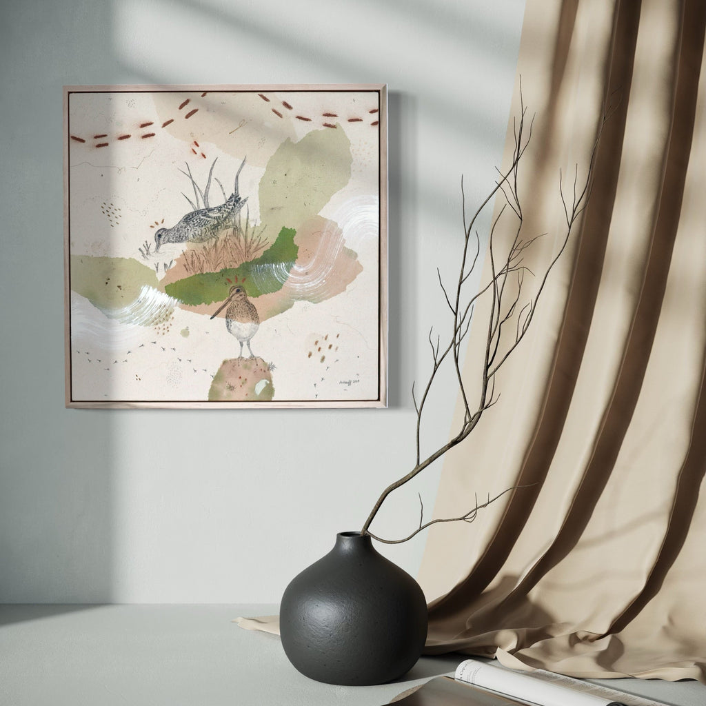 The artwork, Wilson's Snipe, the Real Deal, by Alicia Hauff, displayed in a room.