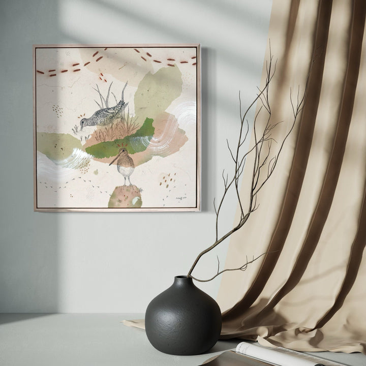 The artwork, Wilson's Snipe, the Real Deal, by Alicia Hauff, displayed in a room.