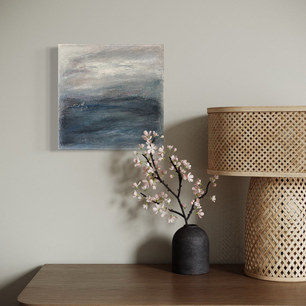 The artwork, Winter Blues I, by Xanthippe Tsalimi, displayed in a room.