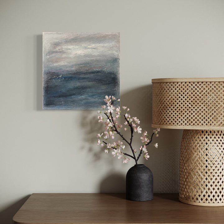 The artwork, Winter Blues I, by Xanthippe Tsalimi, displayed in a room.
