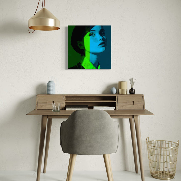 The artwork, World in Blue and Green, by Claudia Sauter, displayed in a room.