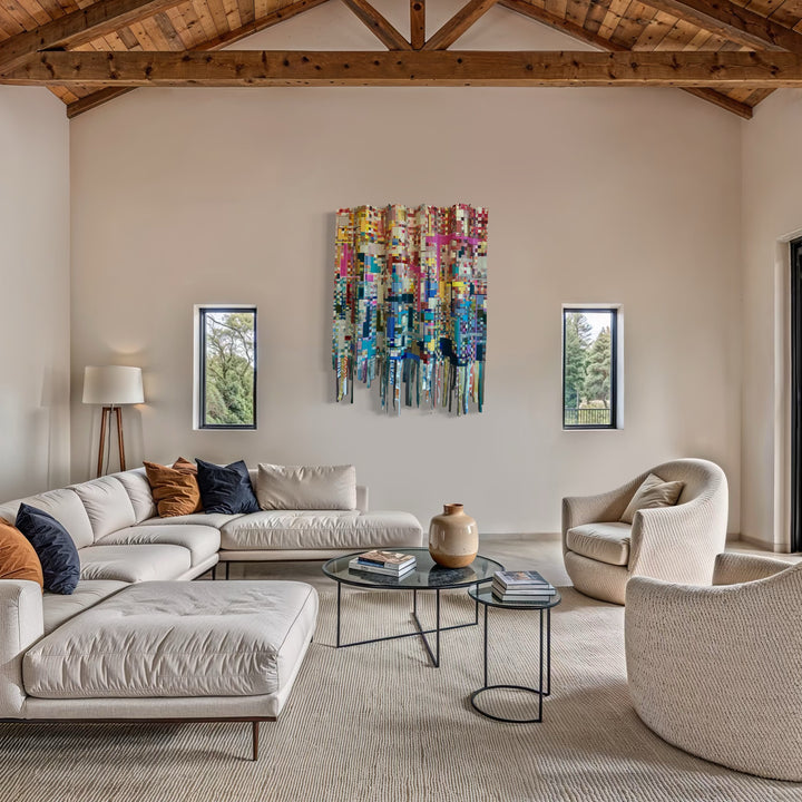 The artwork, Woven Building Blocks, by Shiri Phillips, displayed in a room.