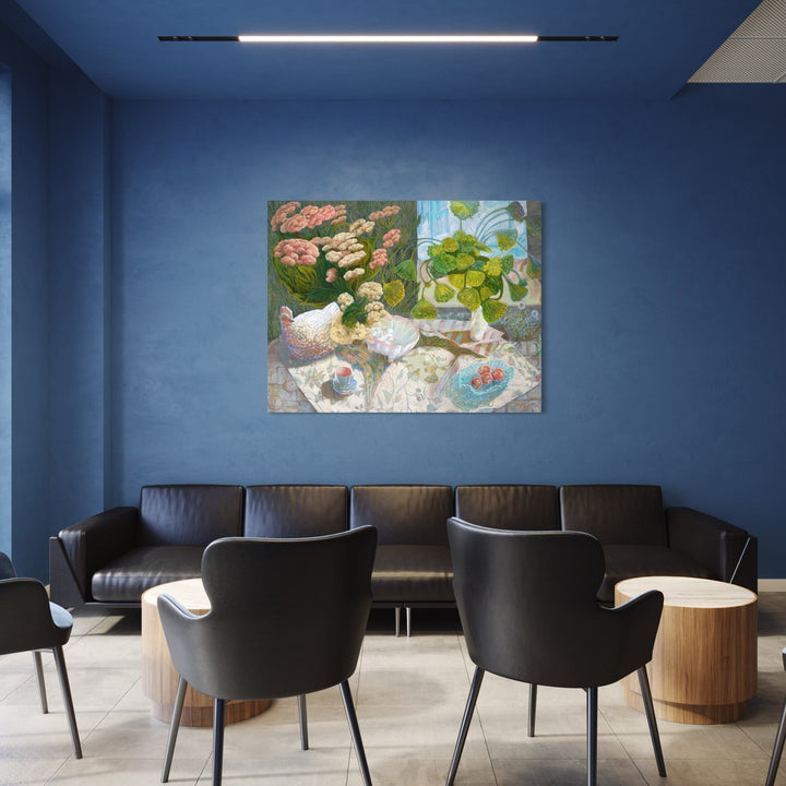 The artwork, Yarrow and Hen, by Gina Blickenstaff, displayed in a room.