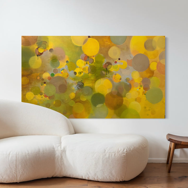 Yellow Paradigm by Lisa Ingram: Abstract oil painting with floating yellow and olive circles creating bokeh effect on 42x52 canvas