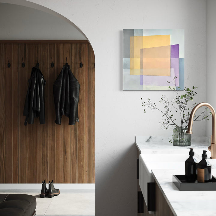 The artwork, Yellow and Violet Afloat, by Allan Gorman, displayed in a room.