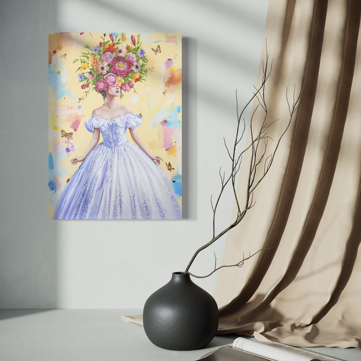 The artwork, Young Woman Among the Flowers II, by Carlos Gamez de Francisco, displayed in a room.