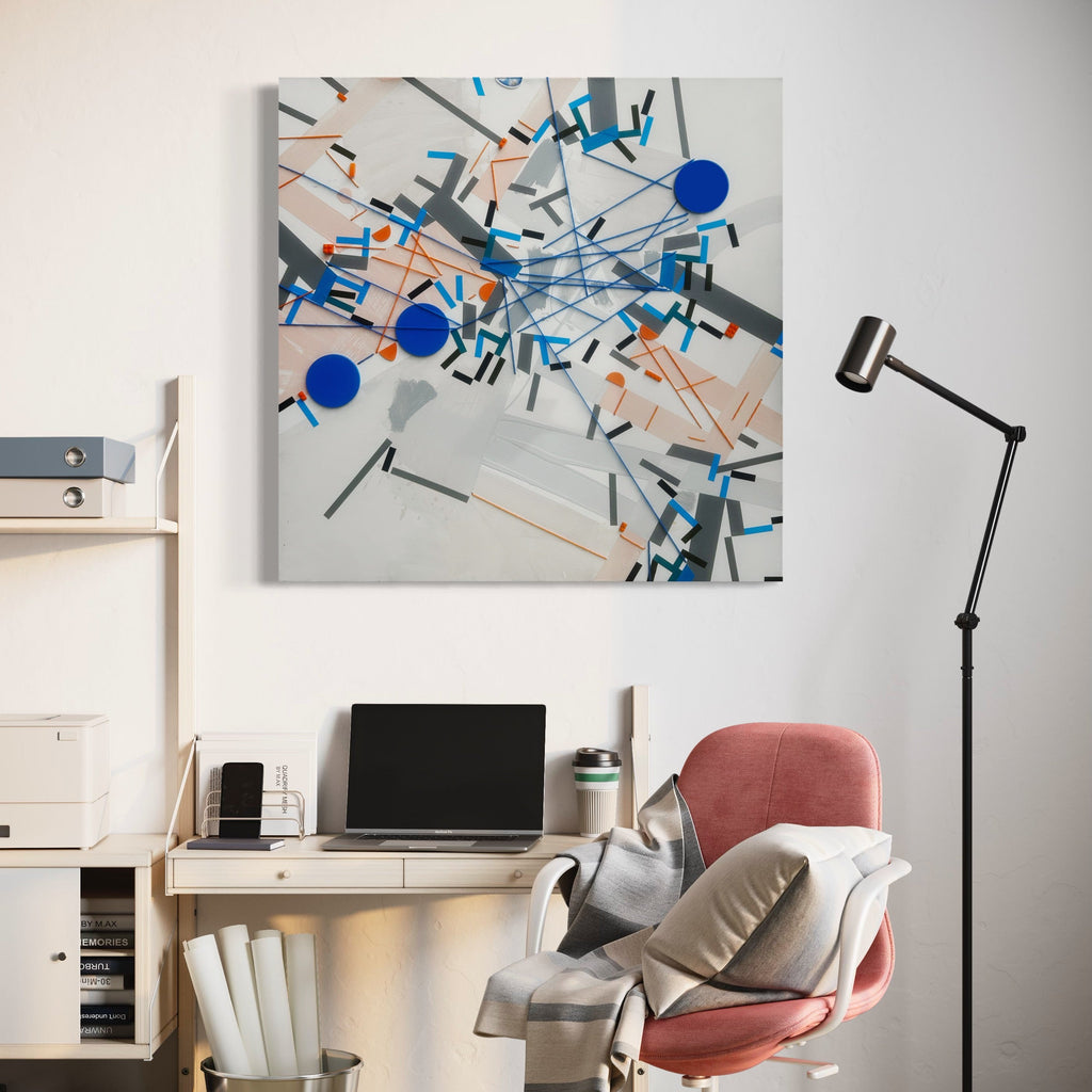 The artwork 'Yunnzeroo' by Philippe Halaburda features an abstract geometric composition with vibrant blue circular elements intersecting with dynamic black, gray, and coral-colored lines and rectangles. The mixed media piece creates a sense of movement through scattered angular shapes against a light gray background, measuring 36 x 36 inches by Philippe Halaburda.