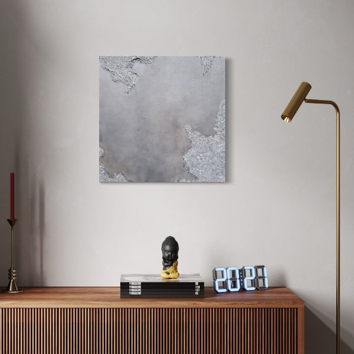 The artwork, (Silver Seas) Waiting to Breathe, by Anne Cherubim, displayed in a room.