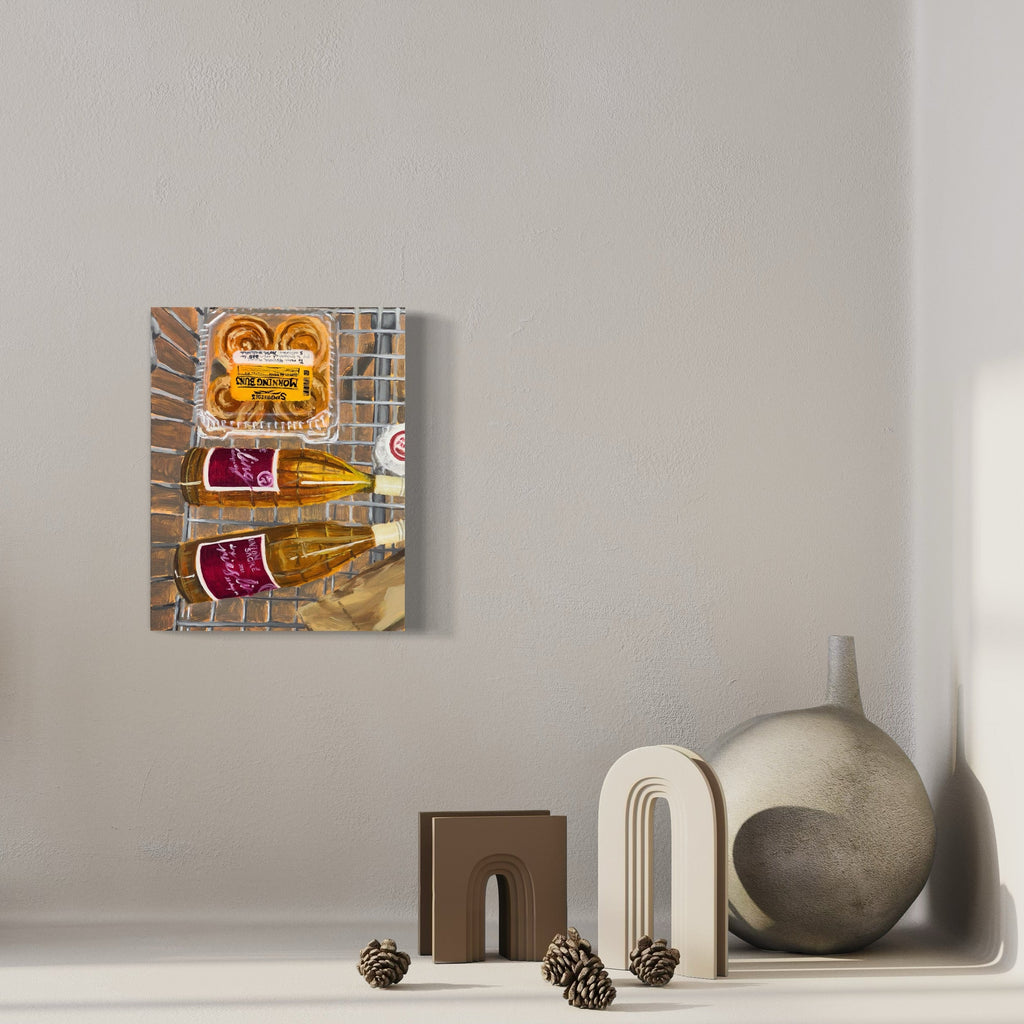 The artwork 'feb 17th 2023 4:22pm' by Jillian Shea features a glowing neon beer sign and three bottles illuminated on a textured brick wall. Oil painting captures warm amber and purple hues, creating depth through realistic lighting effects on wood panel. Nostalgic bar scene with attention to reflective glass and neon detail.