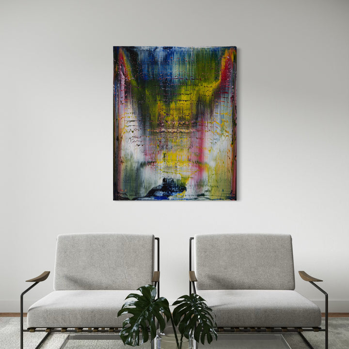 The artwork, abstract abschulss, by Harry Moody, displayed in a room.