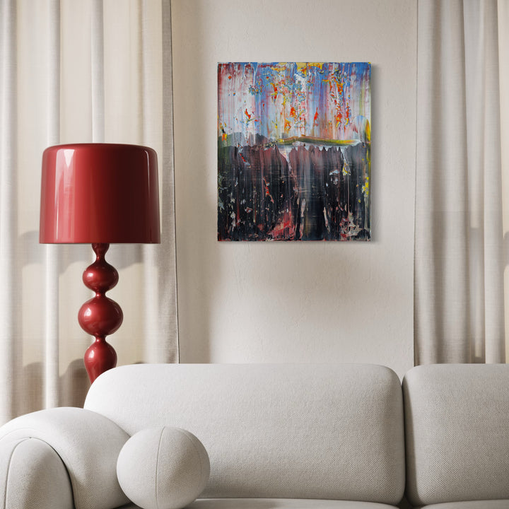 The artwork, abstract freefall, by Harry Moody, displayed in a room.