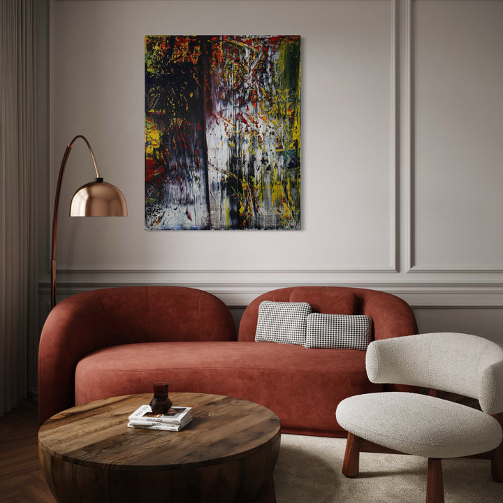 The artwork, abstract with current news, by Harry Moody, displayed in a room.