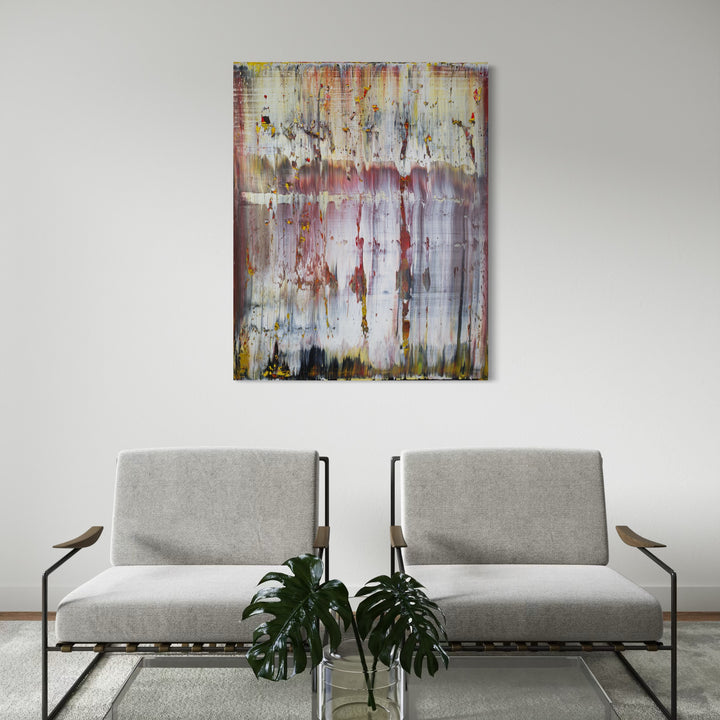 The artwork, abstract yonder, by Harry Moody, displayed in a room.