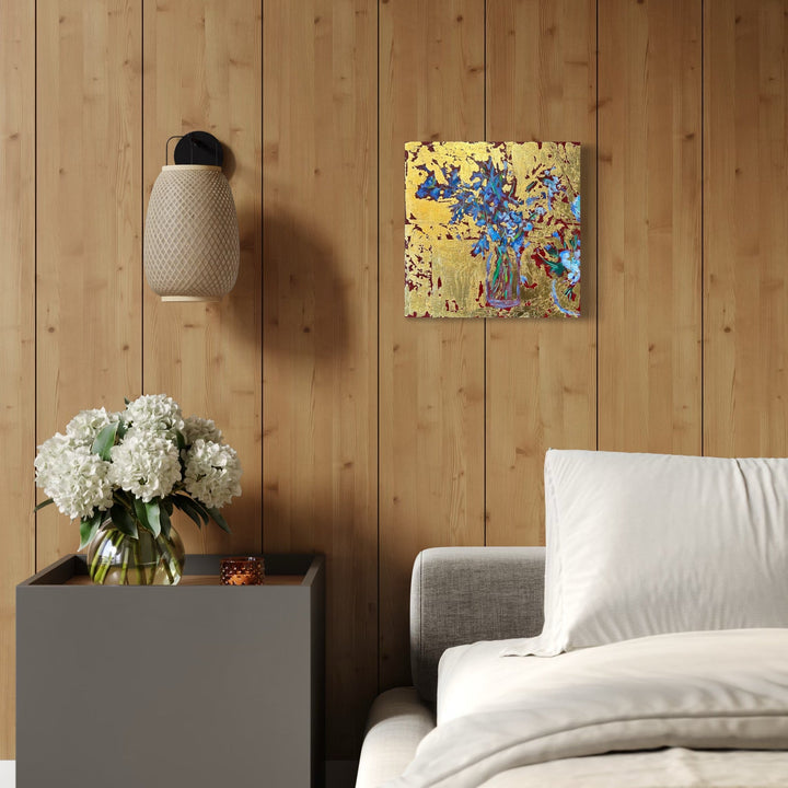 The artwork, Blues and whites in 2 glass vases, by Owen Brown, displayed in a room.