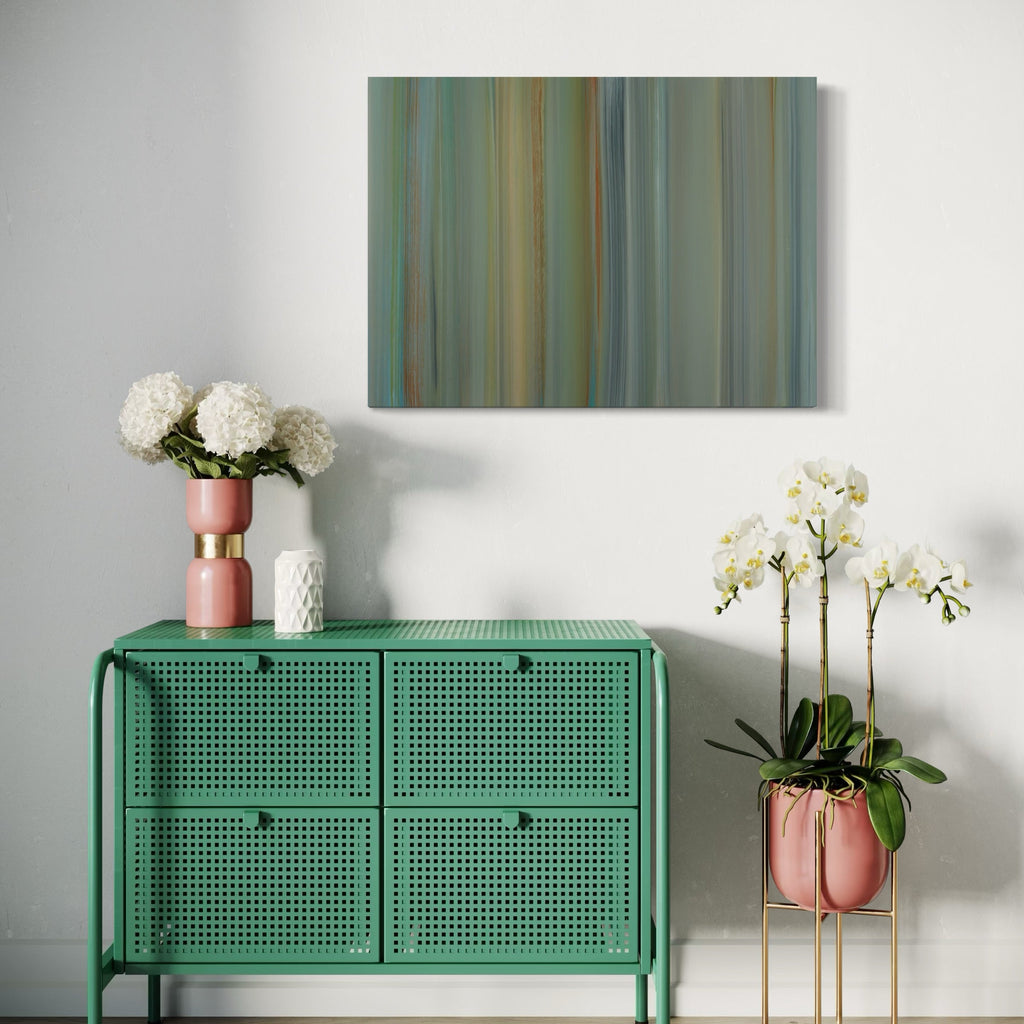Clockwork for Oracles 14 by Willy Bo Richardson features vertical stripes in muted teal, sage green, and copper tones, creating a contemplative abstract composition with flowing brushstrokes. The oil on paper artwork showcases gentle color transitions and rhythmic linear patterns, measuring 22x30 inches.