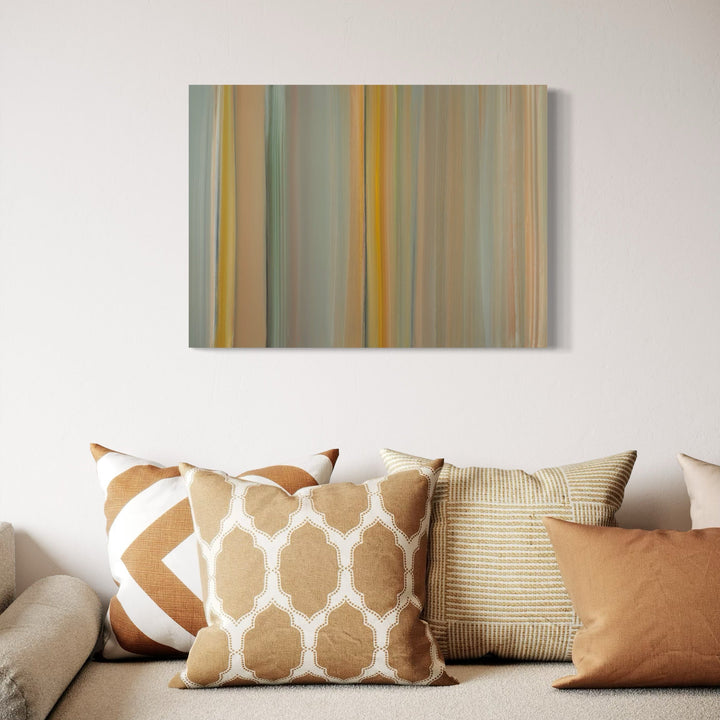 The artwork 'Clockwork for Oracles 15' by Willy Bo Richardson features vertical stripes in muted sage green, golden ochre, and cream tones, creating a harmonious abstract composition. The oil on paper painting showcases fluid brushstrokes and gentle color transitions, evoking a sense of natural rhythm and movement across the 22x30 inch surface.