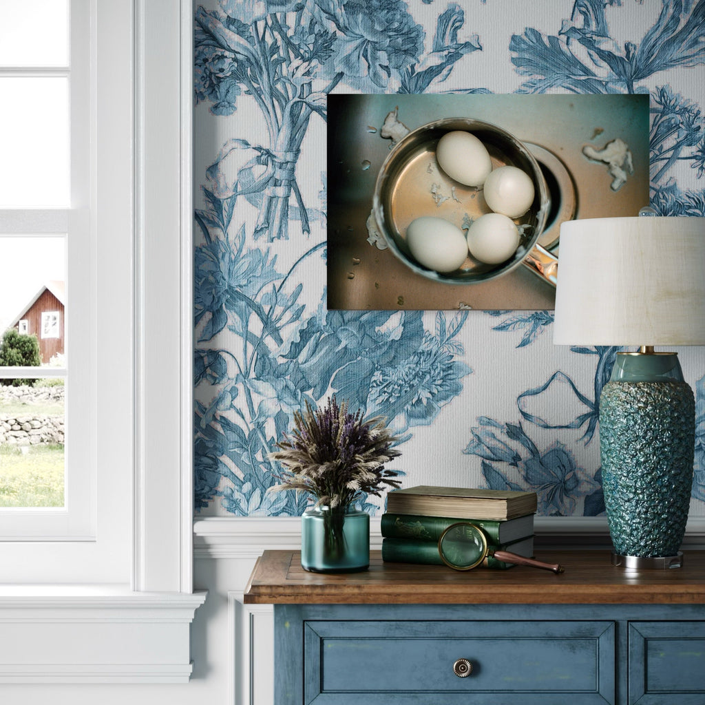 The artwork, eggs, by Esther Voisin, displayed in a room.