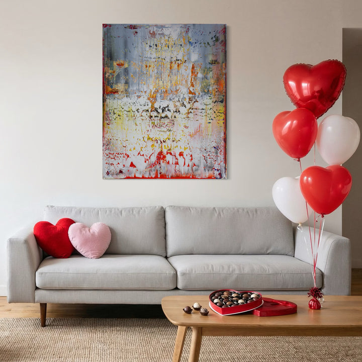 The artwork, grey red, by Harry Moody, displayed in a room.