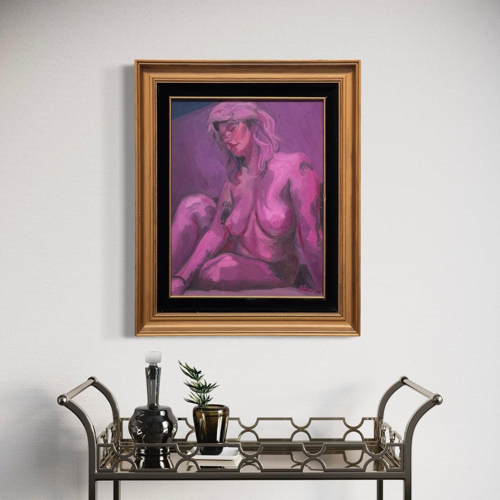 The artwork 'Nude in Purple' by Jillian Shea features an artistic figure study rendered in vibrant purple hues against a deep violet background. Oil painting on canvas showcases expressive brushwork and tonal transitions, housed in an elegant vintage wooden frame with golden finish. Abstract contemporary art piece, 33x27 inches, by Jillian Shea.