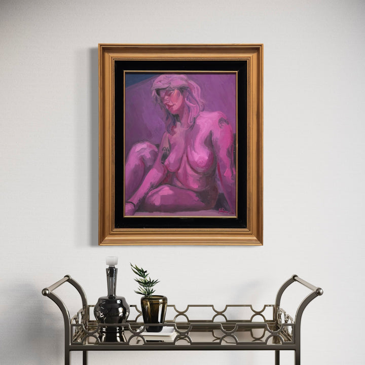 The artwork 'Nude in Purple' by Jillian Shea features an artistic figure study rendered in vibrant purple hues against a deep violet background. Oil painting on canvas showcases expressive brushwork and tonal transitions, housed in an elegant vintage wooden frame with golden finish. Abstract contemporary art piece, 33x27 inches, by Jillian Shea.