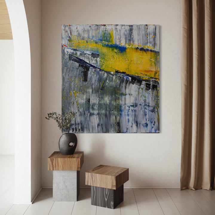 The artwork, physical abstract, by Harry Moody, displayed in a room.