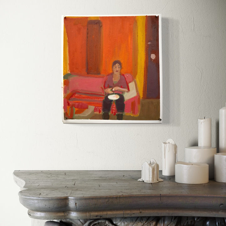 The artwork, please now, peer from the kitchen window, by Chelsie Sunde, displayed in a room.