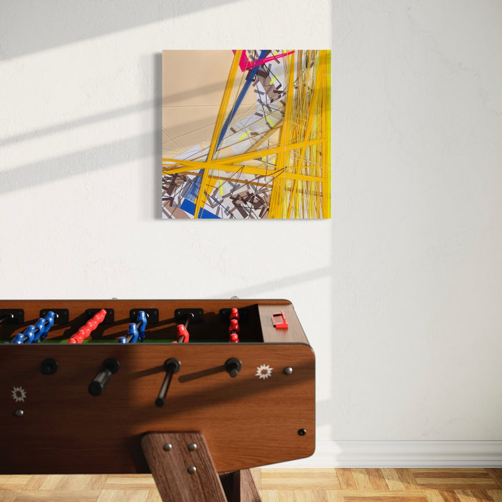 The artwork 'sellezn4ii' by Philippe Halaburda features dynamic diagonal compositions with vibrant yellow lines intersecting across a white and gray abstract background. Bold blue and red accents create striking contrast in this 30x30 mixed media piece, showcasing a geometric interplay of forms and linear patterns that suggest urban architectural elements.