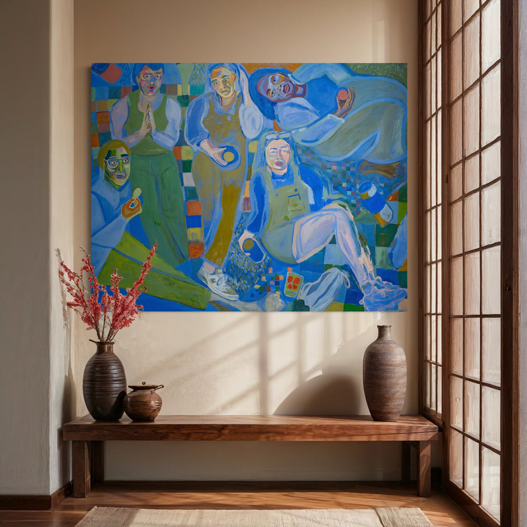 The artwork 'The Last Supper of Summer' by Chelsie Sunde features a vibrant oil painting dominated by cool blues and greens. The abstract composition shows figures lounging on a picnic blanket, rendered in a modern expressionist style with bold brushstrokes. The scene is set against a geometric patterned background, with decorative elements creating a sense of summer leisure. The large-scale canvas is displayed above a wooden bench with ceramic v