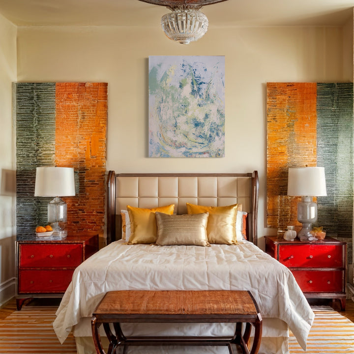 The artwork 'Untitled' by Jacqueline Ferrante features ethereal swirls of soft blues and pale greens on white linen, creating a dreamy abstract composition with fluid brushstrokes and textural plaster elements. The 40x30.5 inch piece showcases a delicate interplay of colors and materials, expressing movement and atmospheric depth through layered acrylic and plaster techniques by Jacqueline Ferrante.