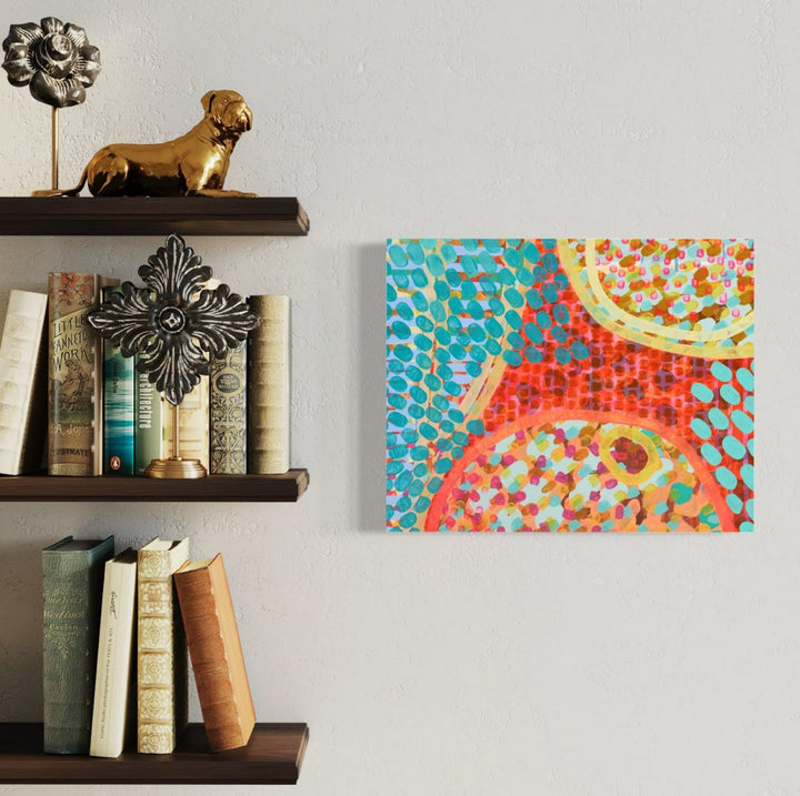 The artwork 'Mermaid Cafe, No.1' by Taylor Binda features vibrant mosaic-like patterns in turquoise and coral hues. Abstract circular forms in golden yellow float among dotted textures, creating a dynamic underwater atmosphere. The 16x20 inch acrylic painting combines pointillism technique with flowing organic shapes, reminiscent of sunlight filtering through ocean waters. By Taylor Binda.