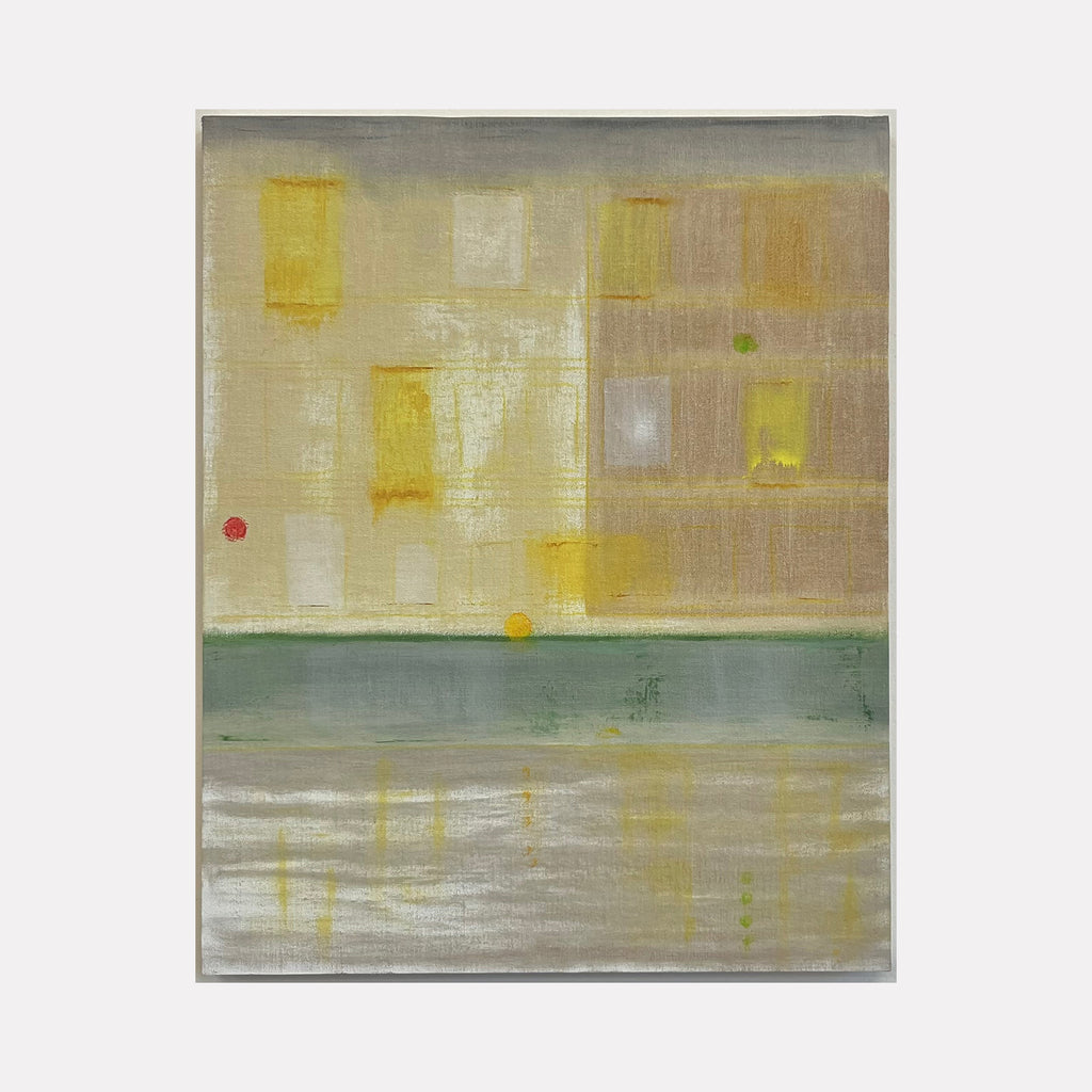 The artwork 'Urban Light (Park Ave. In The Rain)' features abstract cityscape reflections in muted yellow and beige tones against a misty background. Geometric window-like shapes illuminate the upper portion, while a sage green horizontal band divides the composition. Reflective wet surfaces are rendered in silvery grays with yellow light streaks. Oil on linen painting by Cora Jane Glasser.