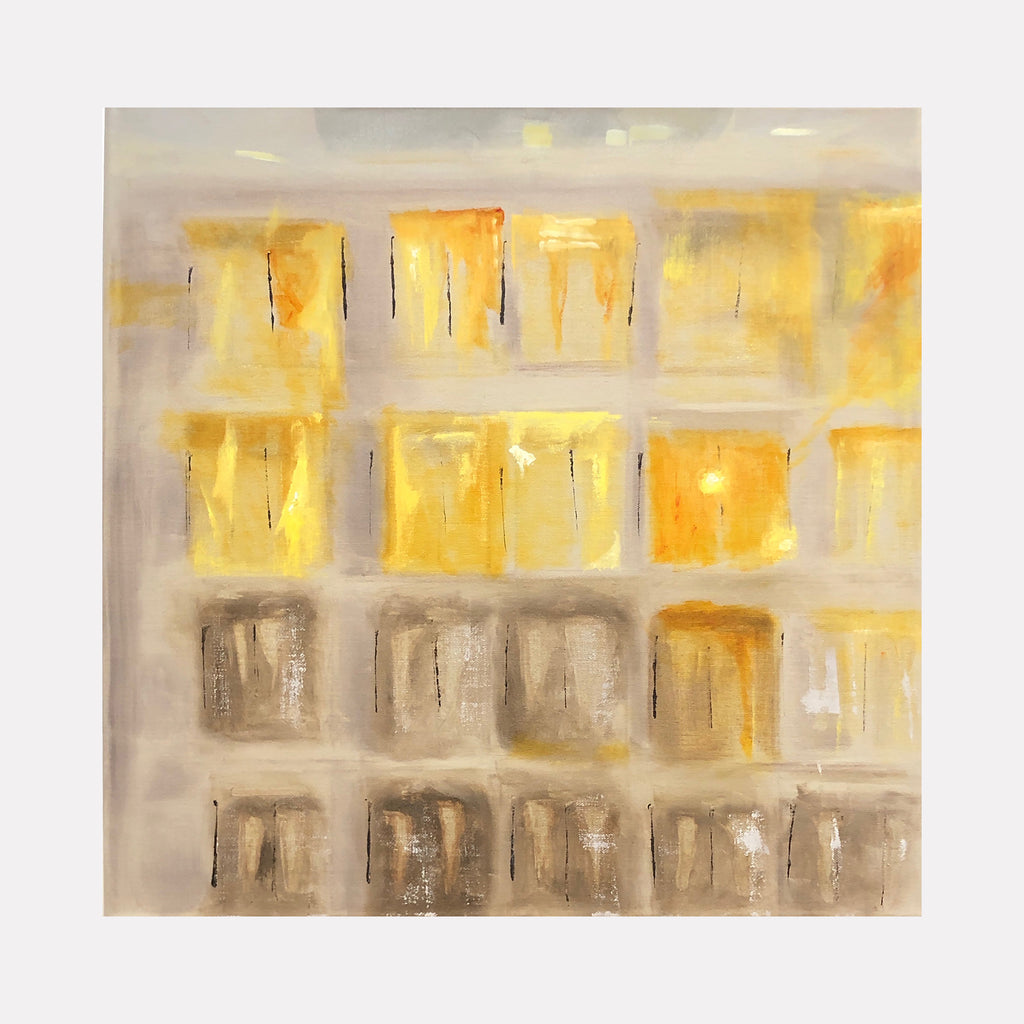 The artwork 'Sunset in the East-1' by Cora Jane Glasser features an abstract grid composition with luminous yellow and golden squares transitioning to muted grays, painted in oil on linen. The geometric pattern evokes city windows at dusk, with warm light gradually fading into shadowy tones, creating a sophisticated urban meditation.