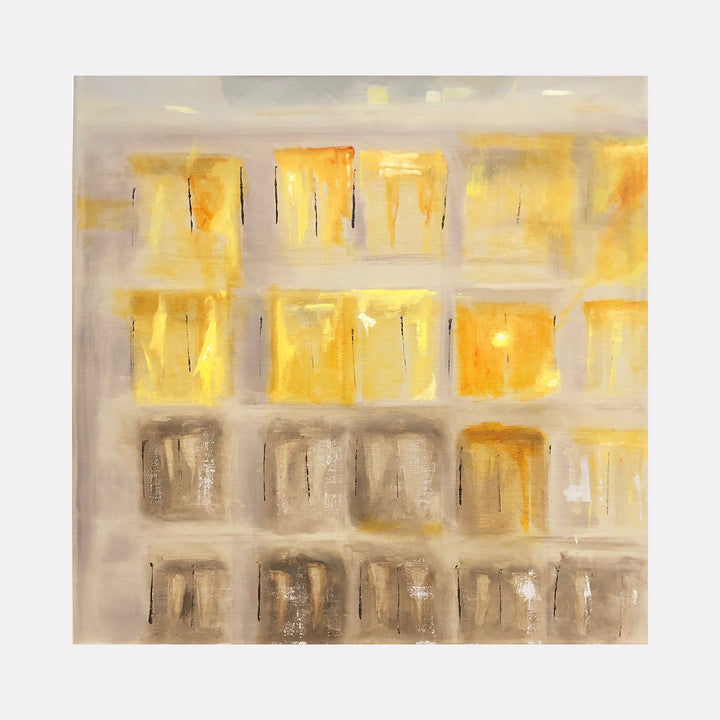 The artwork 'Sunset in the East-1' by Cora Jane Glasser features an abstract grid composition with luminous yellow and golden squares transitioning to muted grays, painted in oil on linen. The geometric pattern evokes city windows at dusk, with warm light gradually fading into shadowy tones, creating a sophisticated urban meditation.