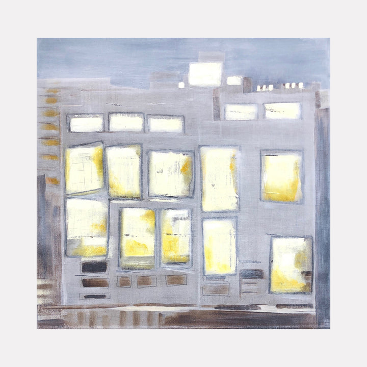 The artwork 'Sunset in the East-2' by Cora Jane Glasser features an abstract cityscape composition with illuminated rectangular windows in warm yellow tones against a cool grey facade. The 20x20 inch oil painting on linen captures an urban building at dusk, with geometric shapes creating a modernist architectural pattern enhanced by subtle brushwork and atmospheric perspective.