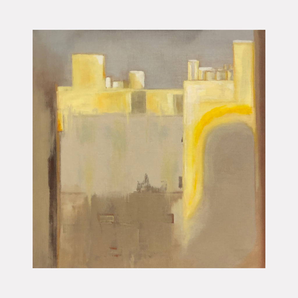 The artwork 'Sunset in the East-3' by Cora Jane Glasser depicts an abstract urban landscape with geometric architectural forms in luminous yellow and muted taupe. A striking curved arch of golden light illuminates the composition against a misty gray background, creating a dreamlike cityscape on oil-painted linen canvas, 20x20 inches in size.