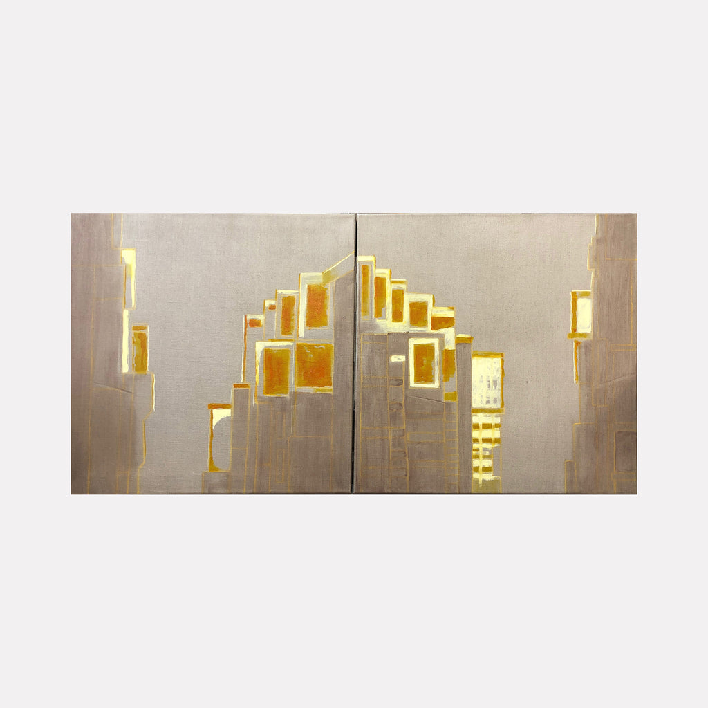 The artwork 'Sunset in the East-5' features a diptych oil painting depicting geometric illuminated windows against a misty gray cityscape. Golden rectangular shapes arranged in ascending patterns create a striking contrast with the neutral background, suggesting urban architecture at dusk. A modern minimalist interpretation by Cora Jane Glasser.